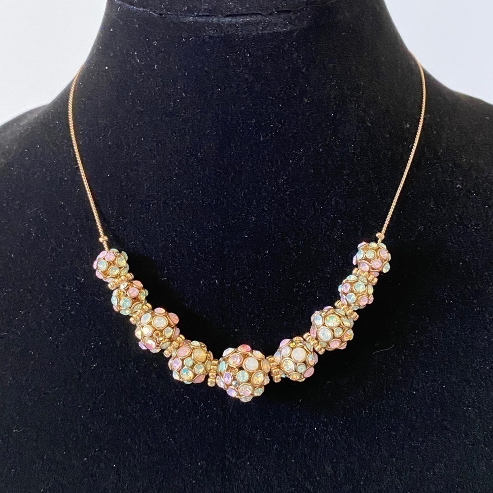 Necklace Gold Tone Rhinestones Beads 16.5” + 2”